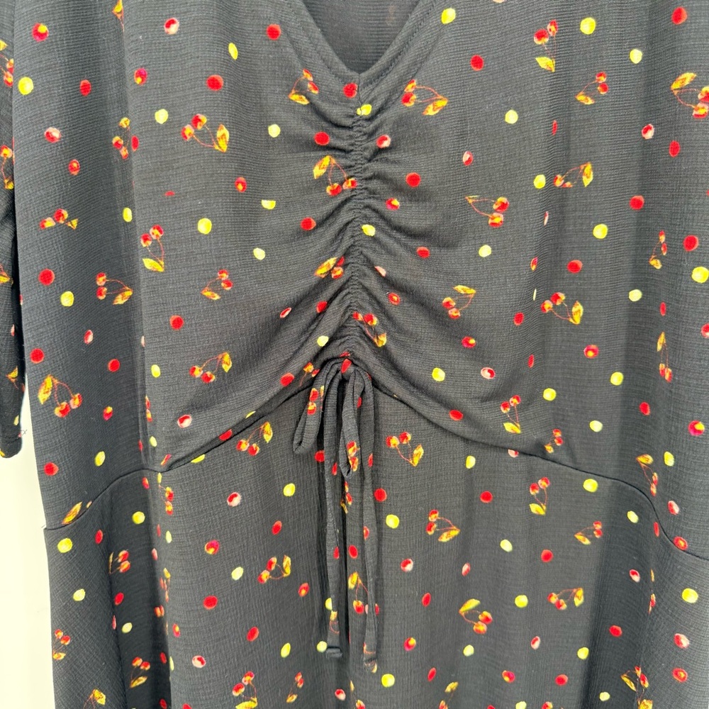 LC Lauren Conrad Black Cherry Print Dress XL Ruched Mini Rockabilly Retro Pinup - Picture 6 of 14